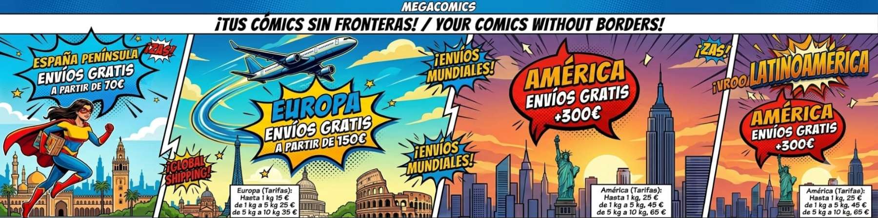 Cartel promocional de Megacomics con envíos gratis de cómics de colección a España, Europa y América